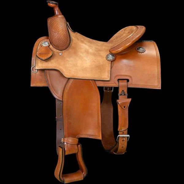 Embrace the rugged elegance of our Rancher Saddle, featuring a full roughout seat and seat jockey, enhanced with partial Basket Weave Tooling. 